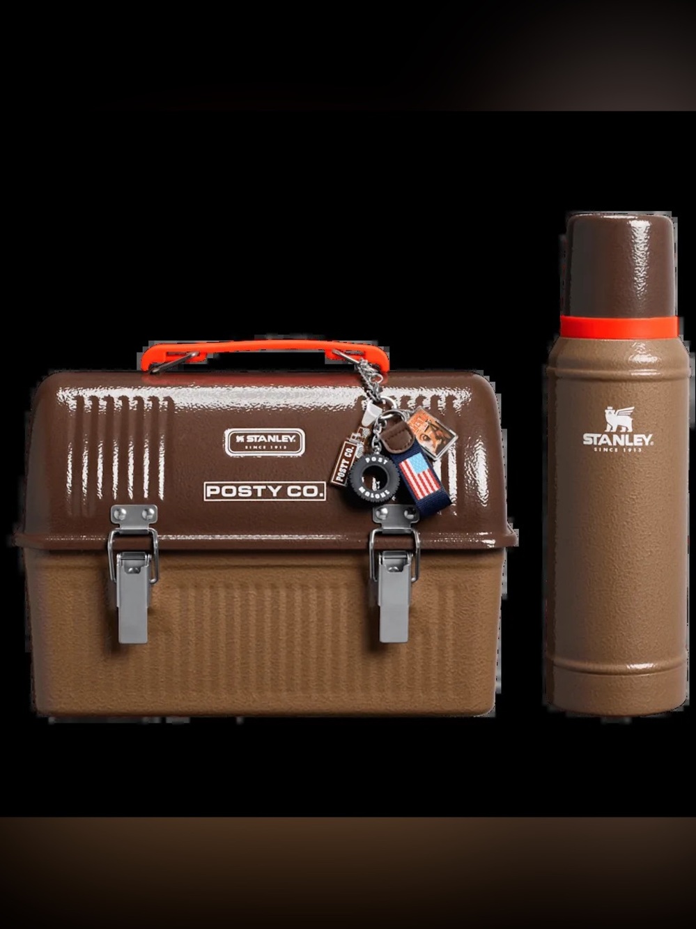 Stanley x Post Malone Brown Metal Lunchbox with Orange Handle and Keychain NIB
